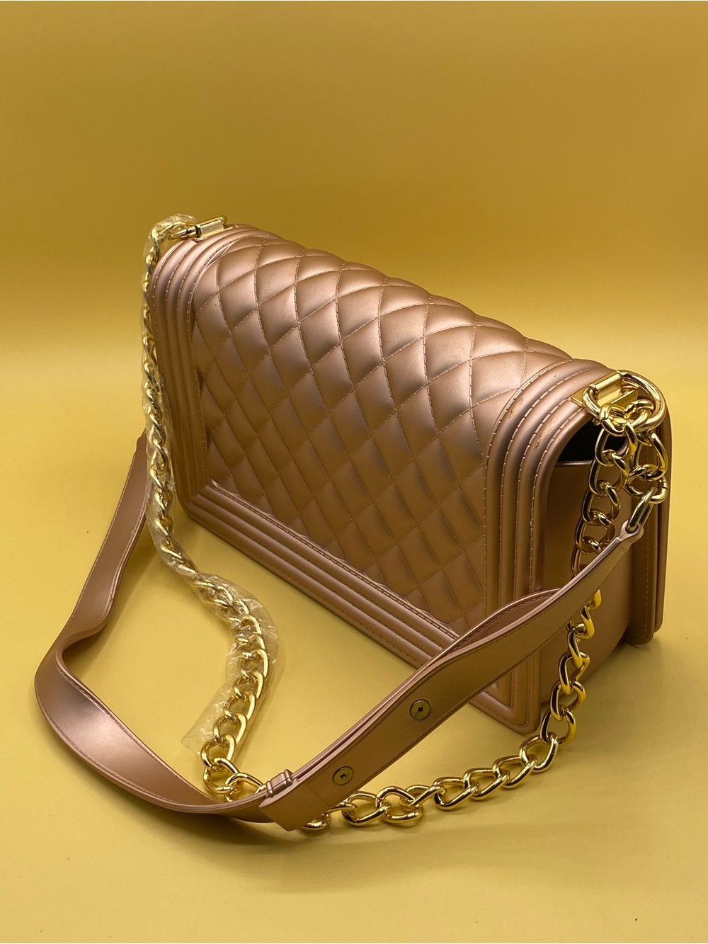 Quilted Metallic Champagne Shoulder Bag with Gold Hardware - Picture 3 of 4